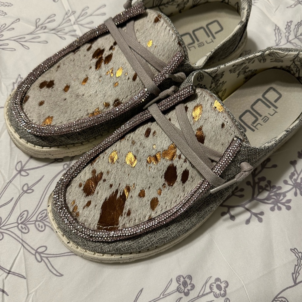 Custom Hey Dudes with Acid Wash Cowhide and Rose Gold trim